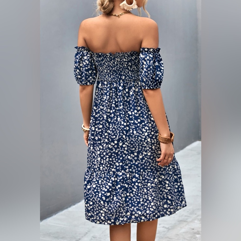 Ditsy Floral Smocked Frill Trim Off-Shoulder Dress - Picture 6 of 6